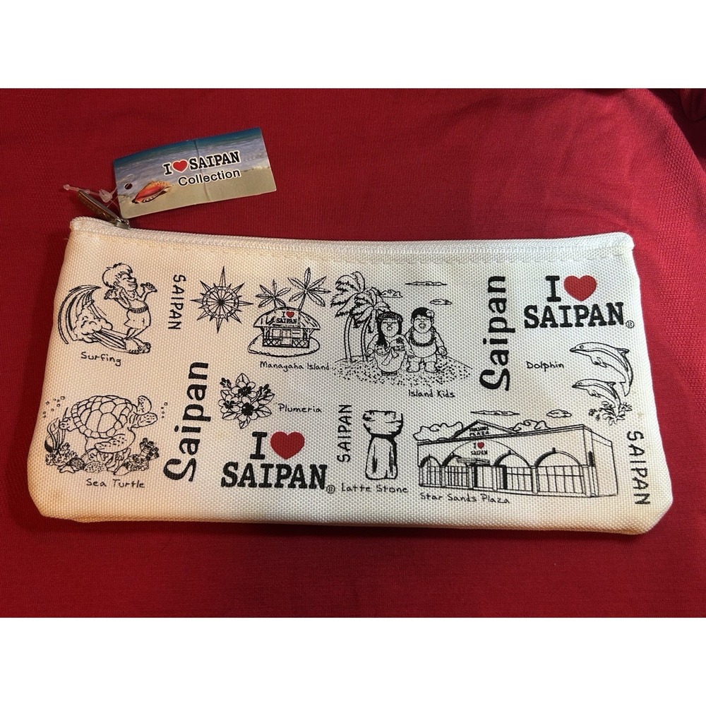 NEW - I love Saipan - Cosmetic Makeup Bag Cream + Black Lettering Zipper Classic